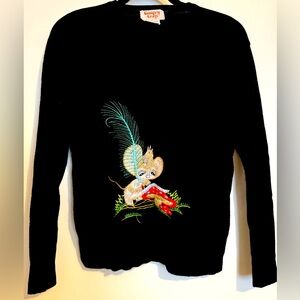 1960’s Vintage Country Craft Women’s Black Acrylic Mouse Mushroom Sweater Med